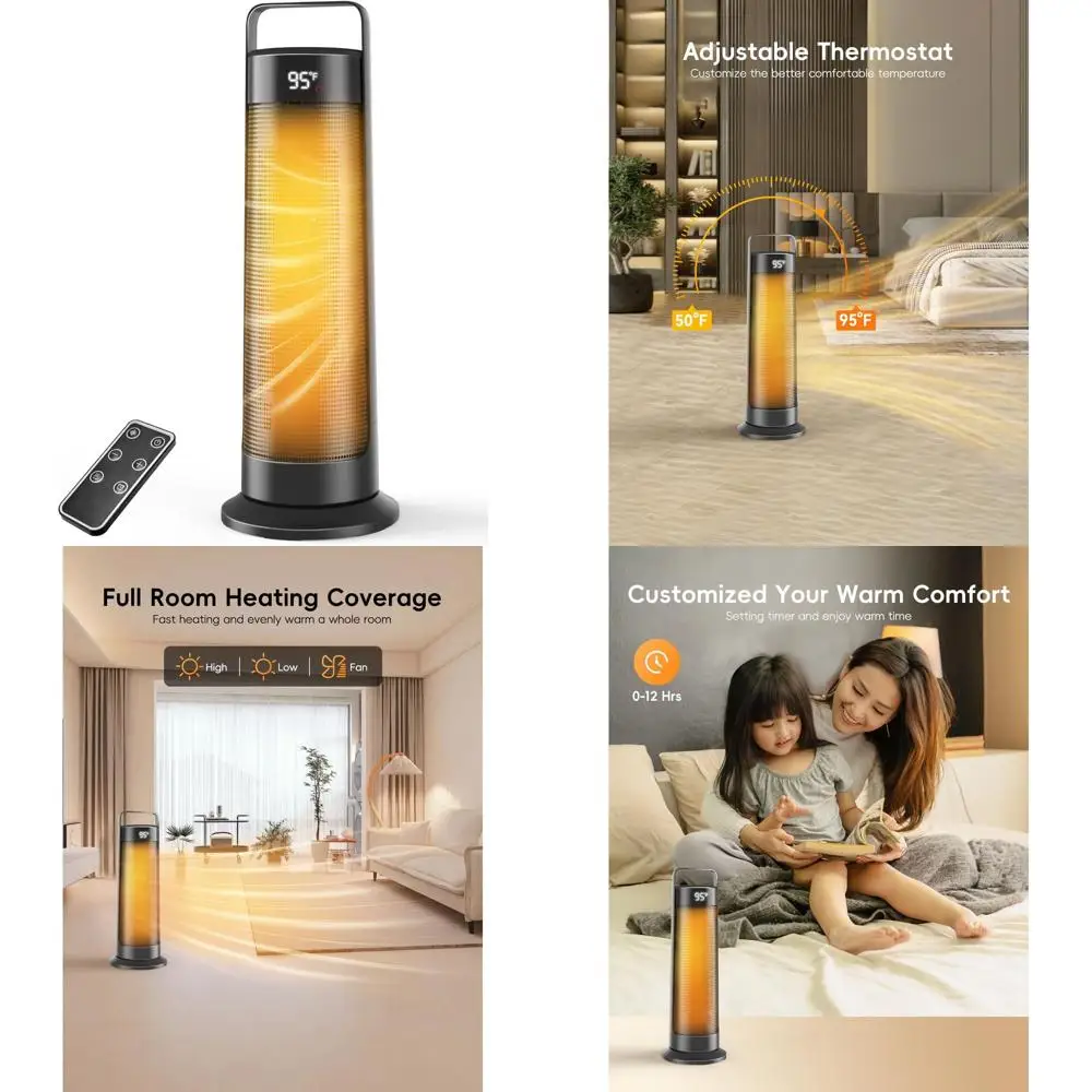 

1500W Large Room Portable Heater with 120° Oscillation, PTC Ceramic, Thermostat, Remote, 12H Timer & 3 Modes