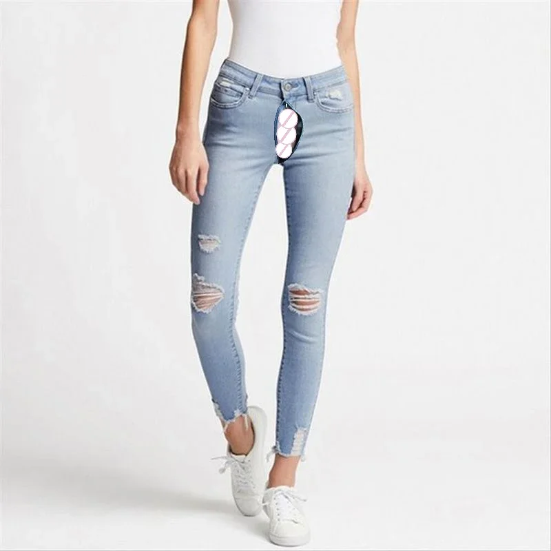 Ripped Denim Trousers Invisible Zipper Leggings Open Crotch Pants Women's Blue Stretch Skinny Slim Boyfriend Jeans Outdoor Sex