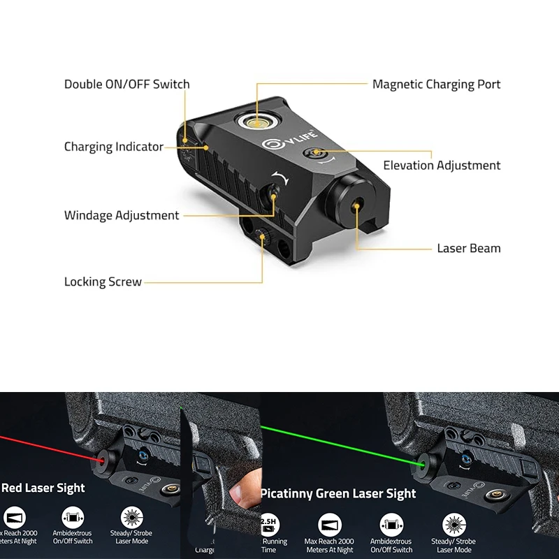 

CVLIFE Red/Green Laser Sight Magnetic Charging Low Profile Pistol Sights for 21mm Picatinny Rail with Ambidextrous Switcheh
