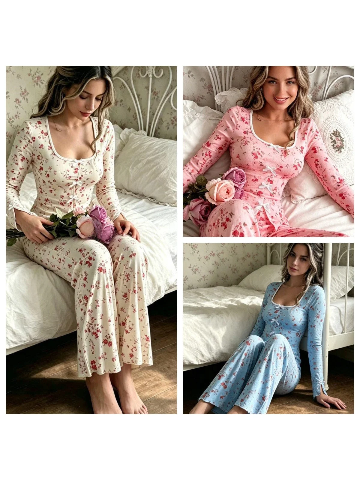 

Retro Floral Print Long Sleeve Top And Pants Set Home Clothes Comfortable Breathable Summer Sleepwear Women's Home Suit