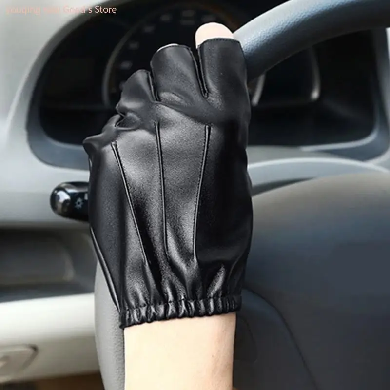 49Me fingerlose Fahrhandschuhe PU Faux Leder Freien Sport schwarzer Halbfingerhandschuh Cosplay Fäden für Männer Frauen