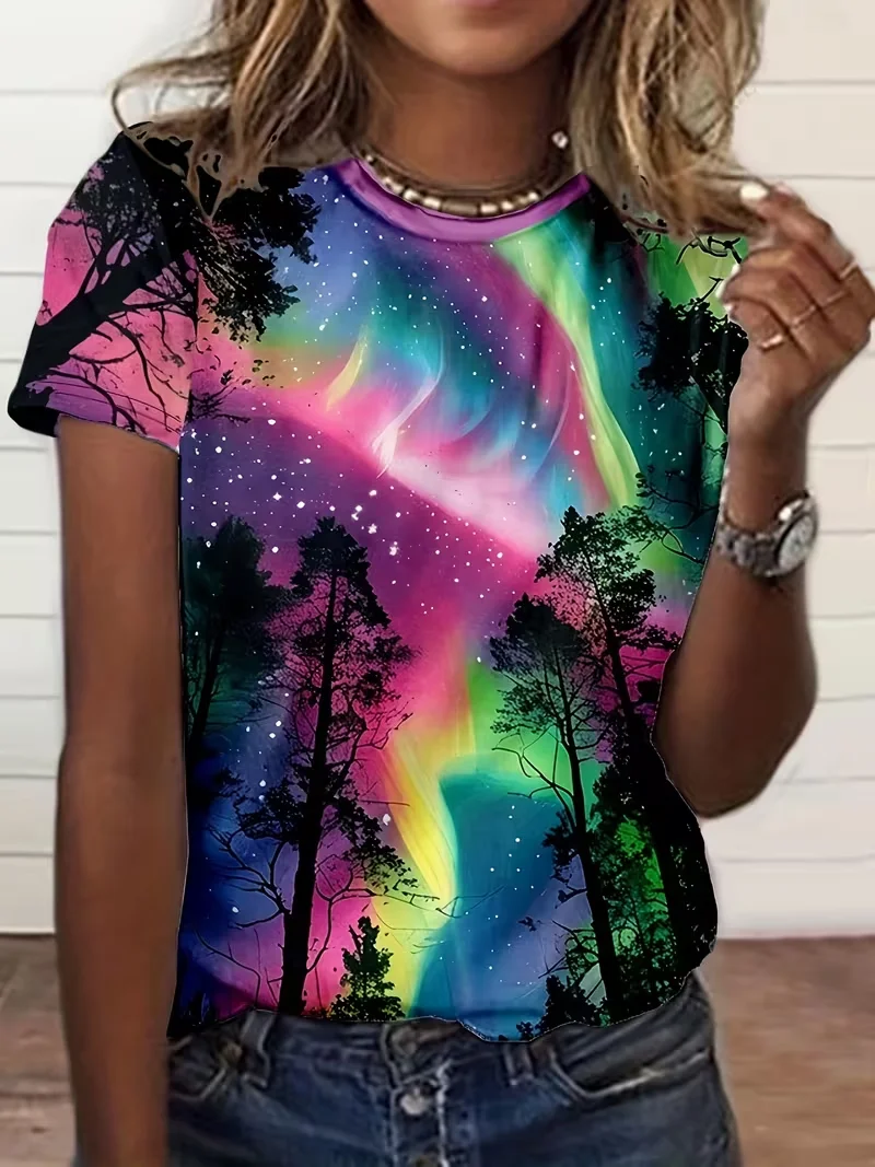 

Ladies Aurora Forest Printed T-shirt with Vibrant Aurora Design Breathable Short Sleeve Round Neck Casual Summer Top 3D Digital