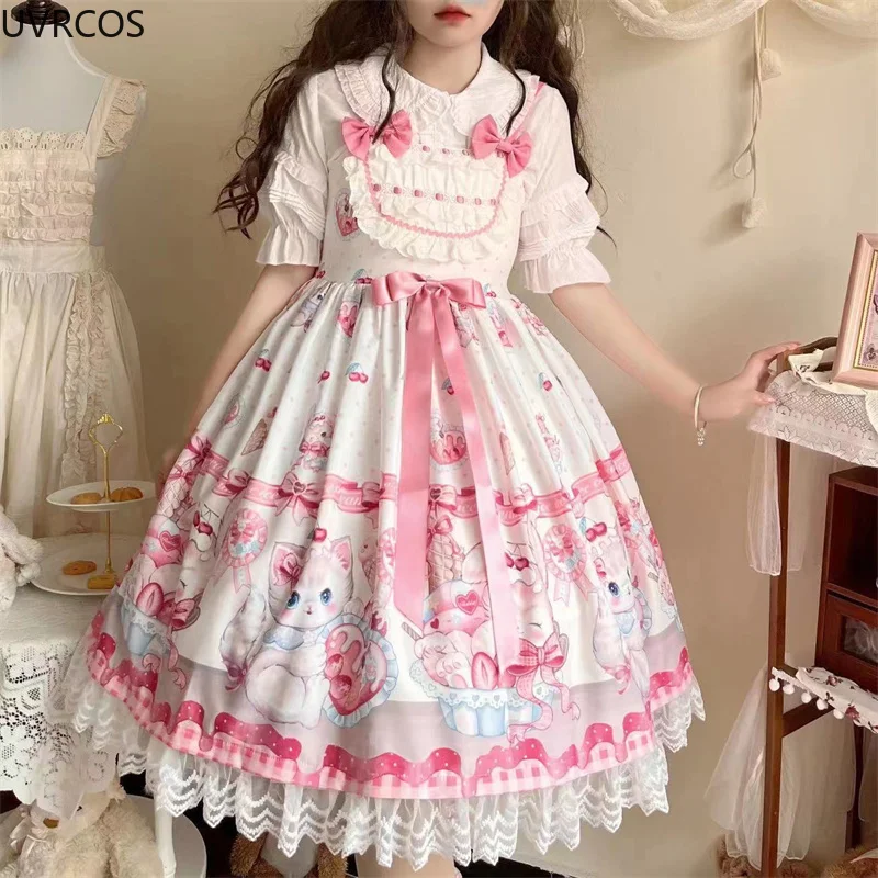 Japanese Dream Lolita Jsk Dress Women Kawaii Cute Cat Print Bow Lace Sleeveless Strap Dresses Girl Sweet Princess Party Vestidos
