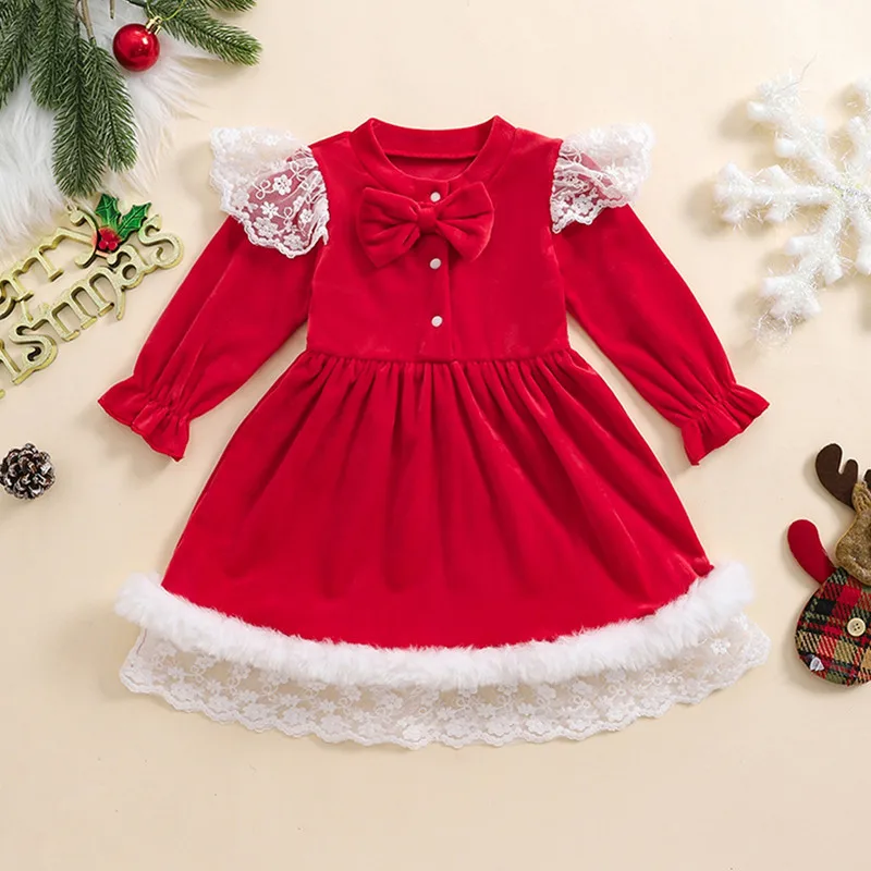 6 Months to 4 Years Christmas Little Girls Velvet Dress Lace Terry Trim Long Sleeve Bow Button-up Dresses Baby Clothing