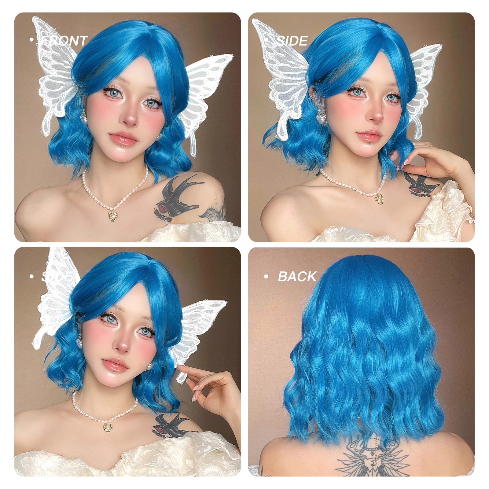 12 Inch Ladies Girls Highlight Short Curly Wig 220g Synthetic Halloween Dress Up Wig Elf Blue Figure Eight Wig Cosplay Party Wig