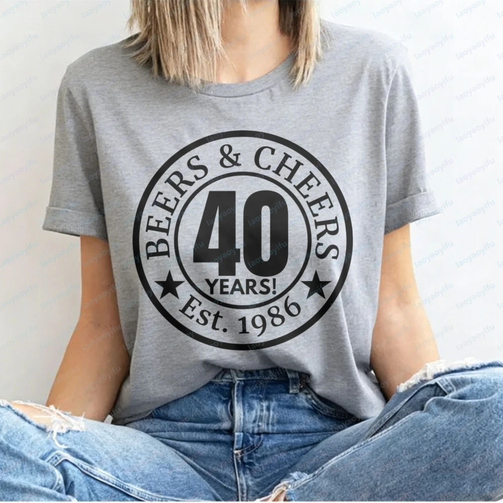 Beers and Cheers 40 Years Est 1986 Summer Women T-Shirt Vintage Graphic Unisex Casual Top for 40 Th Birthday Party Gift Shirt