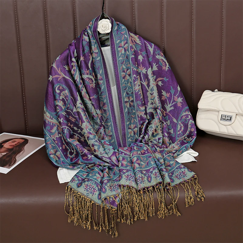 Ethnic Style Outdoor Women Retro Jacquard Scarf Thick Cashmere Tassel Shawl Winter Warm Neck Wrap Pashmina Floral