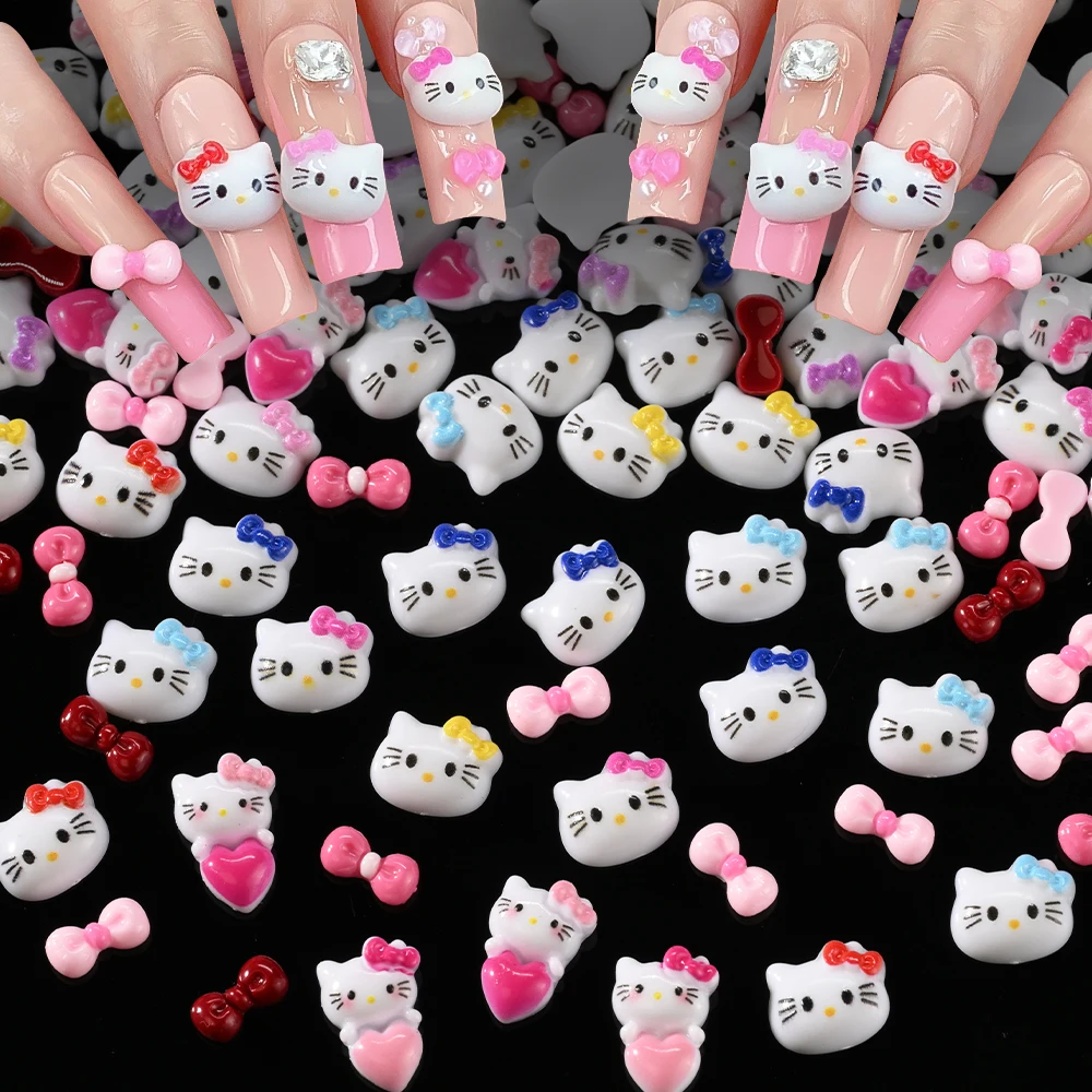 

12 сеток/коробка 3D смешанный мультфильм Hello Kitty аксессуары для ногтей Kawaii аниме KT Cat с плоской задней частью смоляные подвески для ногтей комплект DIY маникюрный инструмент