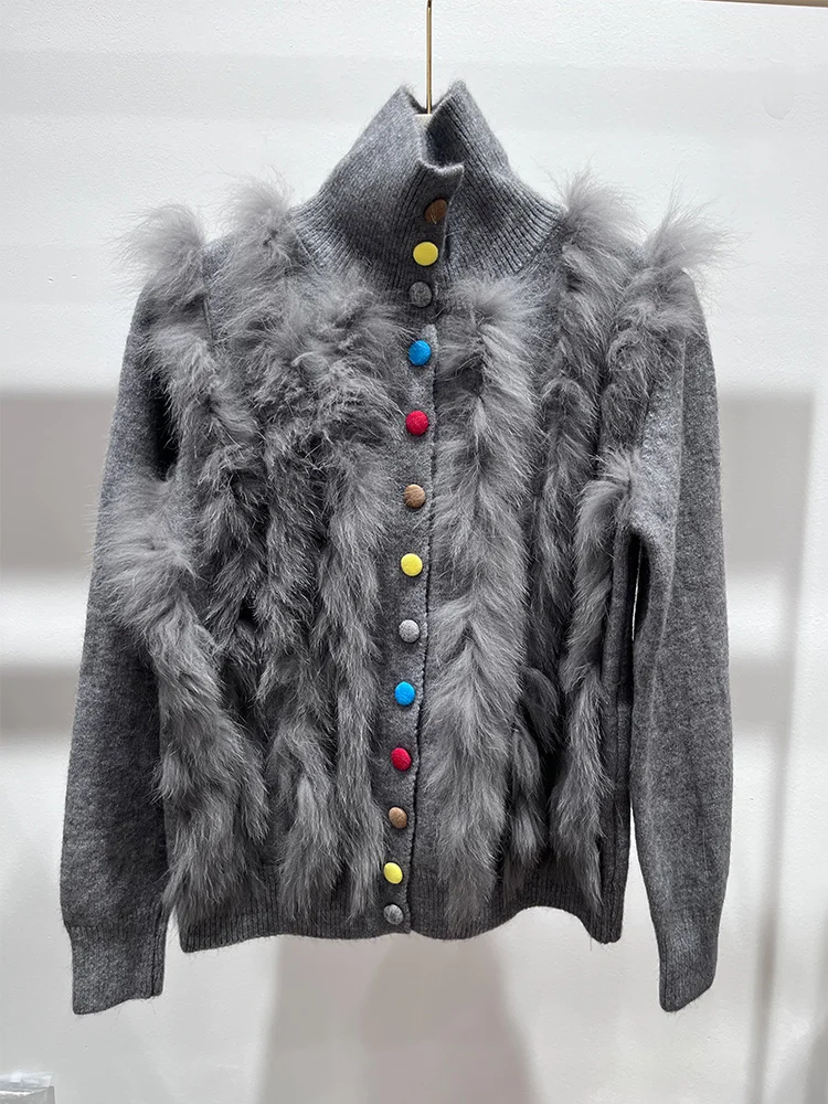 2025 جديد أزياء المرأة الخريف ريال فوكس الفراء سترة مشغولة من الصوف ملابس علوية بأكمام طويلة للربيع تصميم خاص سترة الإناث السترات الفاخرة