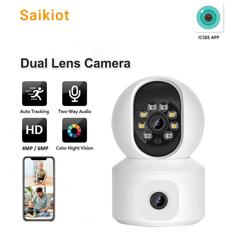 Saikiot 4MP 6MP ICSEE Dual Lens 2 Screen WIFI Camera CCTV Home Security ICSEE Camera Night Vision Indoor ICSEE WIFI PTZ Camera