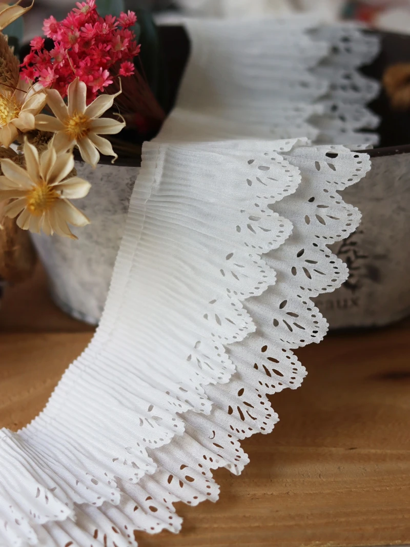 9CM Stretch white double layer pleated lace accessories hollowed out crimped cuffs trouser legs skirt material width