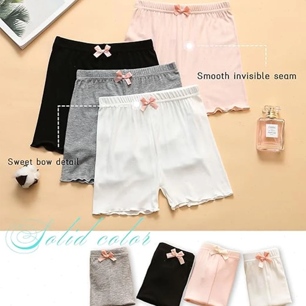 Conjunto de 4 Peças de Shorts Infantis para Dança e Brincadeira, Shorts para Meninas, Calças de Segurança, Calcinhas Fofas com Laço para Usar Sob Vestidos e Saias, Calcinhas para Uniforme Escolar 2-14 Anos