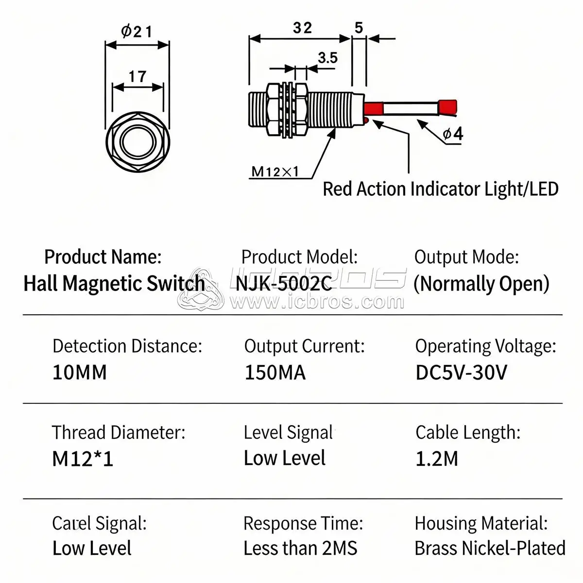 Original Hall Sensor NJK-5002B Three Wire PNP Normally Closed Distribution Magnet
