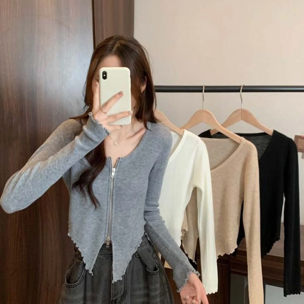 

Solid Irregular Rib Knitted Cardigan Spring Fall Slim Fit Double-zipper T-shirt Jacket V-neck Long Sleeve Top Autumn
