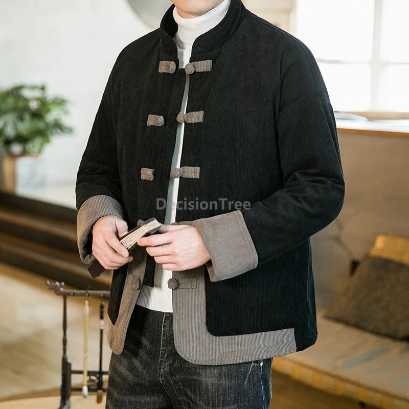 

2025 модное лоскутное китайское ретро-костюм Тан с пряжкой в стиле пэчворк, утепленное теплое хлопковое льняное пальто, элегантная темпераментная мужская куртка