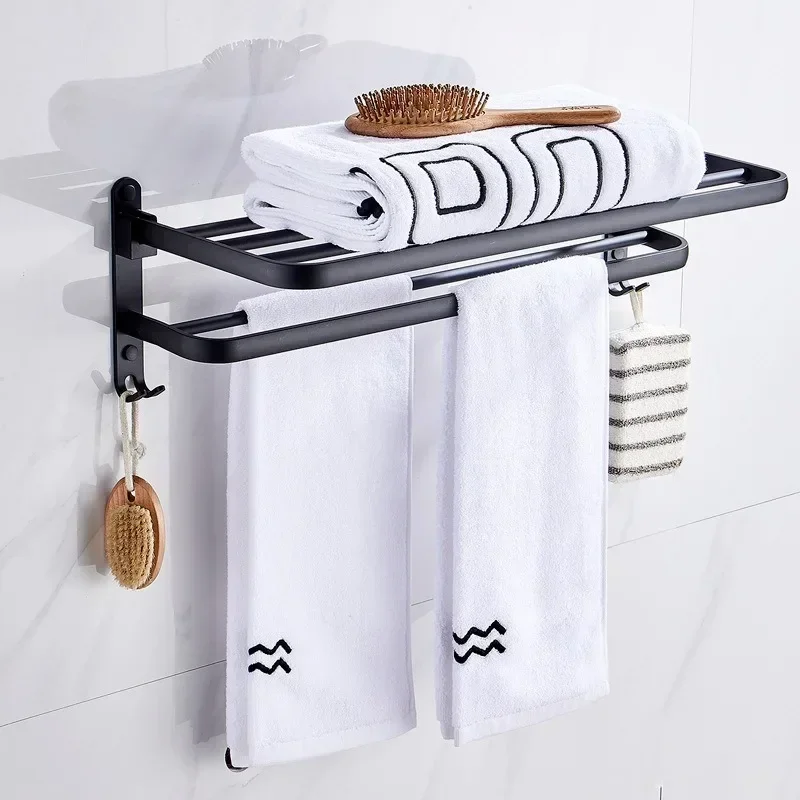 Bathroom Towel Rack Matte Black Towel Holder Aluminum Wall Mounted Folding Storage Shelf Hotel Towel Hanger Hook Accessories WF