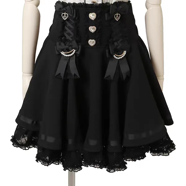 Niedlicher, süßer, mit Spitzen besetzter F-Rock mit abnehmbarem Knoten für Damen, Herbst, Neuankömmling, japanischer Stil, hohe Taille, A-Li...