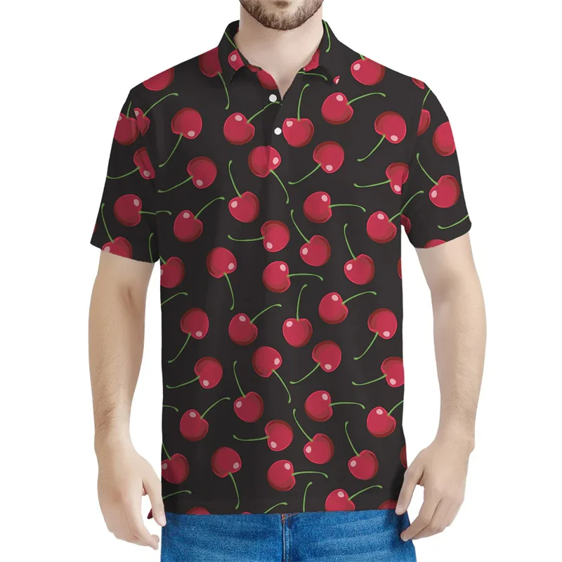 Cherry Blossom Pattern Polo Shirt Men Fashion Summer 3D Printed Fruit Tee Shirts Women Button Short Sleeves Lapel T-Shirts