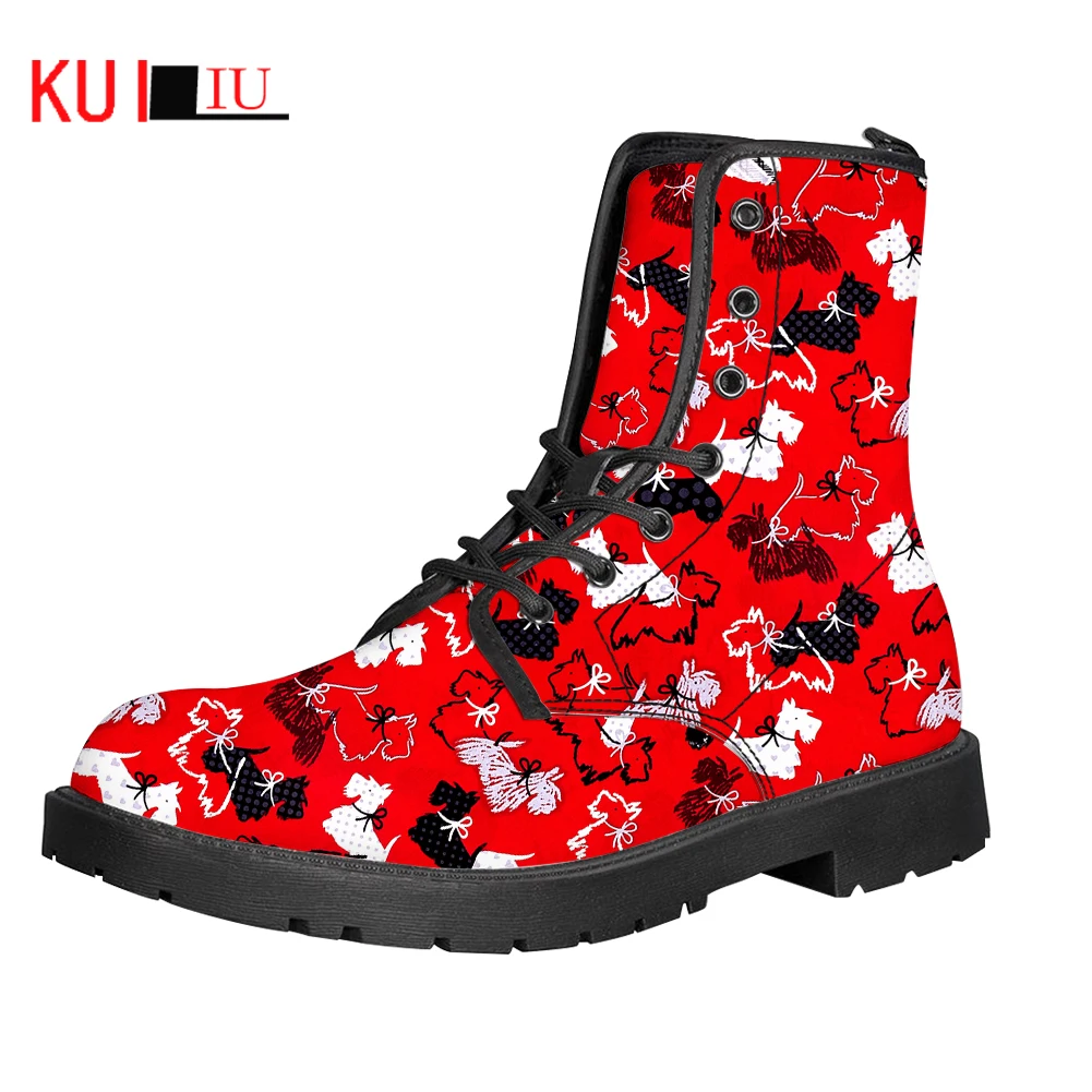 

KUILIU Women Boots Lace Up Low Heel Martens Botas Mujer Casual Shoes Cartoon Westie Printing Unisex Leather Chelsea Martins Boot