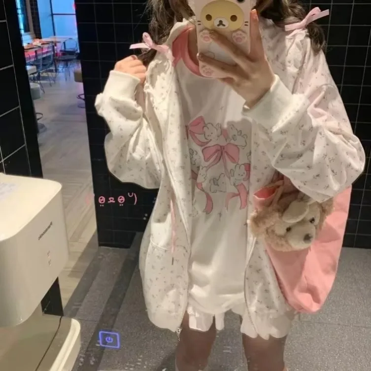 

Куртки с капюшоном и цветочной вышивкой Sweet Cute Cat 2024, свободный кардиган, пальто для женщин Y2k E-Girl, новые топы на молнии с длинными рукавами Mujer