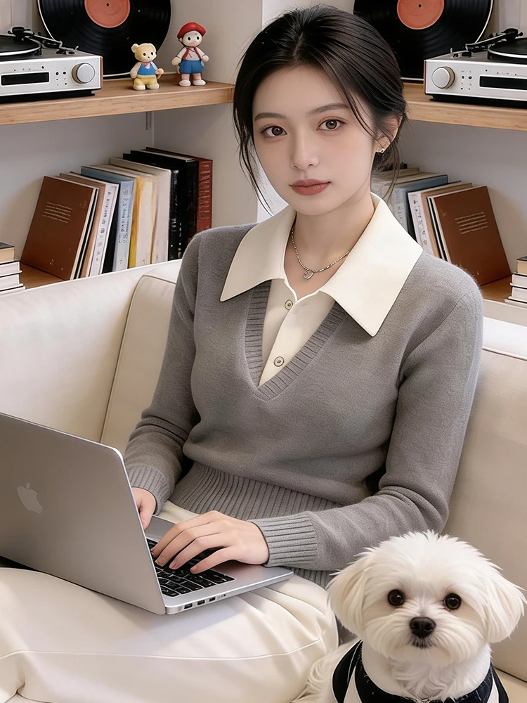 

Ele Lazy Sle Women's Knitted Sweater Long Sve Collar Outerwear Autumn Winter Faion Casual Breathable Thiened