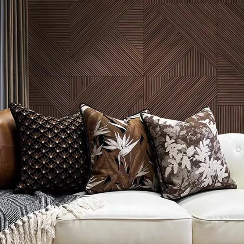 Retro Brown Color Pillows Luxury Plants Jacquard Cushion Case Modern Square Decorative Pillow Cover For Sofa Chair Home Decorae