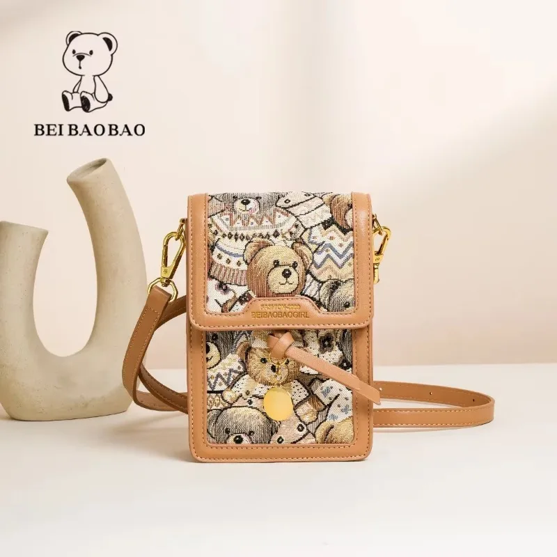 Beibaobao 2024 New Fashion Instagram Style One Shoulder Crossbody Bag Casual Retro Versatile Mobile Bag Cartoon Bear Women\'s Bag