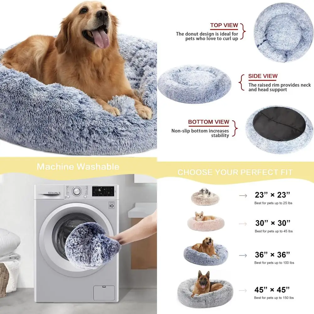 

Large 36 Navy Blue Plush Donut Dog Bed - Calming, Machine Washable for Big Dogs