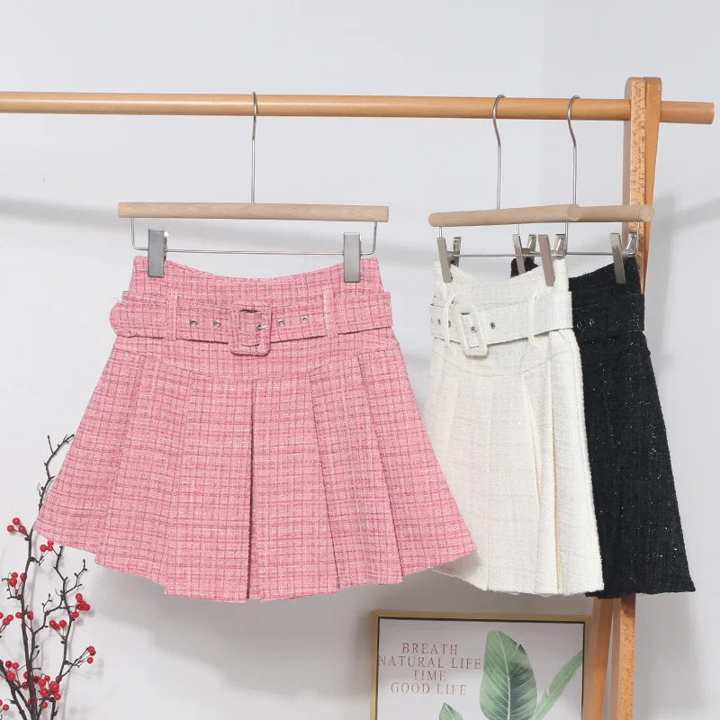 

Autumn and Winter New Tweed Pleated Skirt Pink High Waist Slim Skirt A-word Anti-exposure Skirt