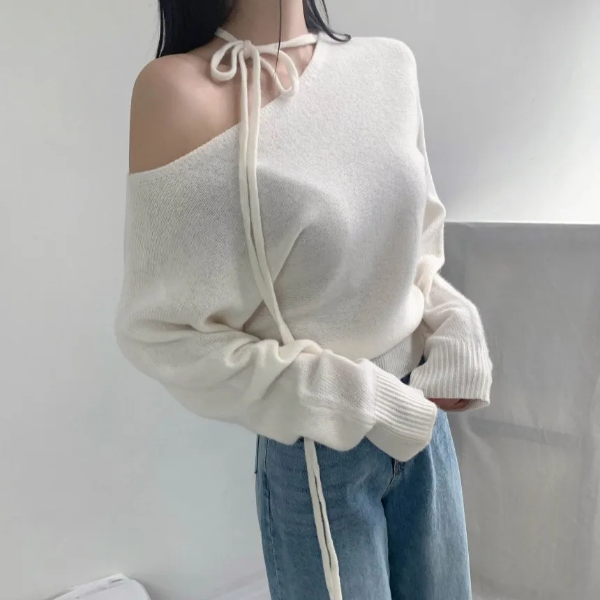 

Sweet ort oulder Вязаный свитер с колючками Нелоновая завязка Универсальный корейский Sle Commute Faion Женский онлайн-эксклюзивный свитер