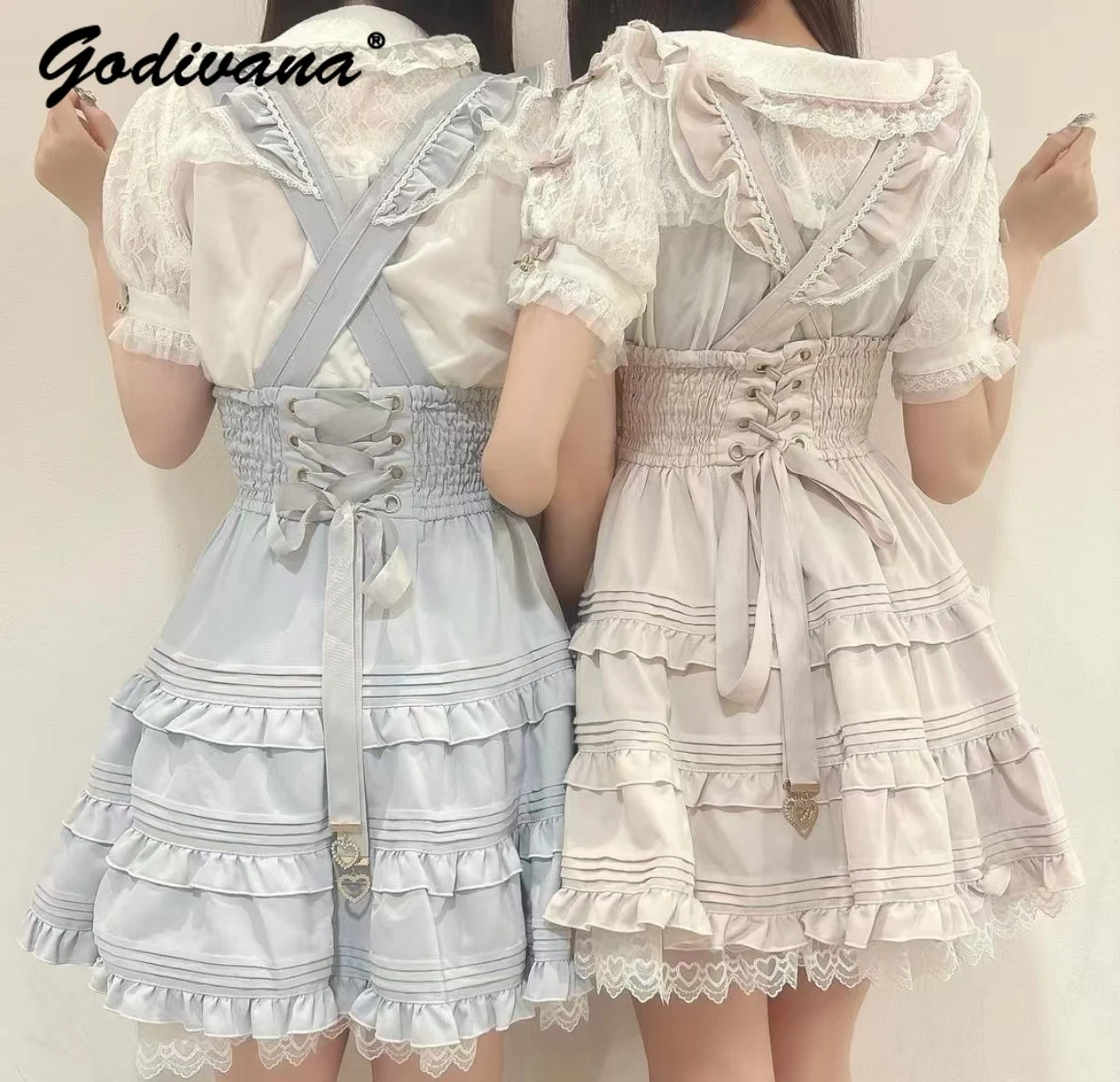 Novo japonês doce bonito bowknot camada cinta bolo vestido menina feminina cor sólida lolita acima do joelho vestidos suspender