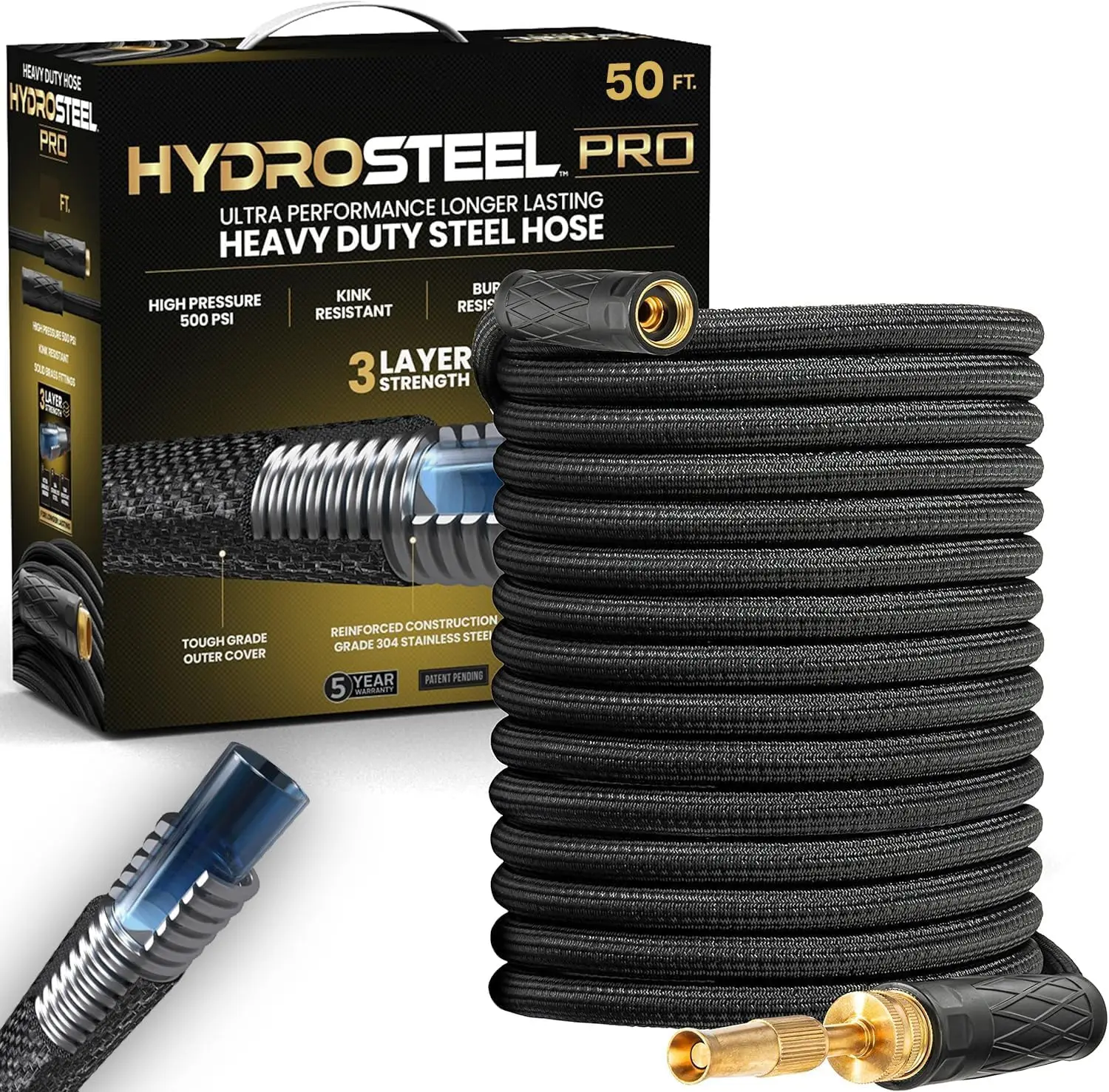 

50ft Heavy Duty Stainless Steel Garden Hose with Nozzle, Kink-Free Flexible Design, 500 PSI Pressure