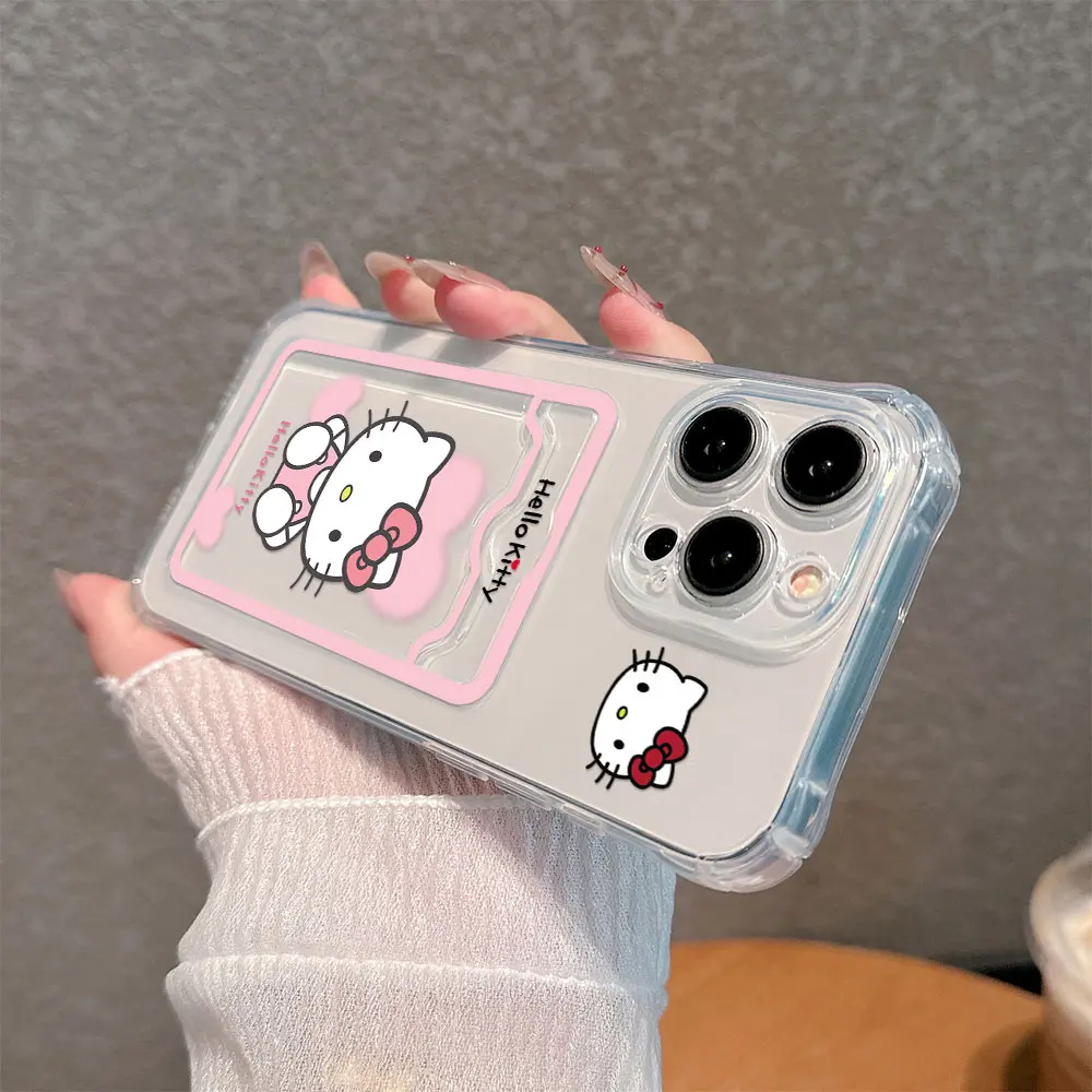 Cartoon Hello Kitty Hot Funny Card Hold Case For iPhone 15 14 13 12 11 Mini Pro Max XR XSMax 7 8 Plus SE20 Anti-fall Clear Cover