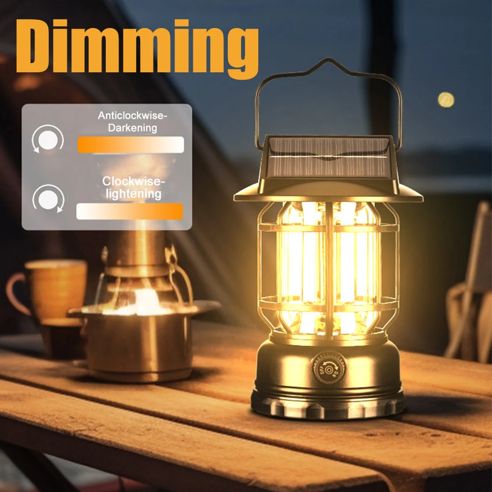 USB Rechargeable Camping Light Portable Camping Lanterns Hanging Tent Light 3000-5000K Stepless Dimming with Solar Charging