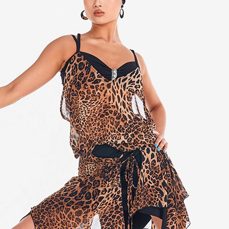 

Women Leopard Print Latin Dance Performance Costumes Strap Tops Skirts Suit Samba Chacha Female Latin Dance Clothing DN20263