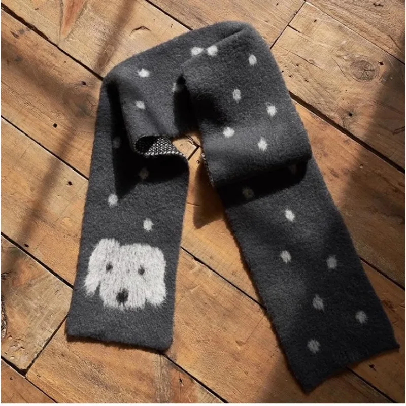 Cute Autumn Winter Warm Scarf Japanese Grey Y2k Sweet Korean Dot Print Long Scarves Women 2024 Kawaii Knitted Long Scarf