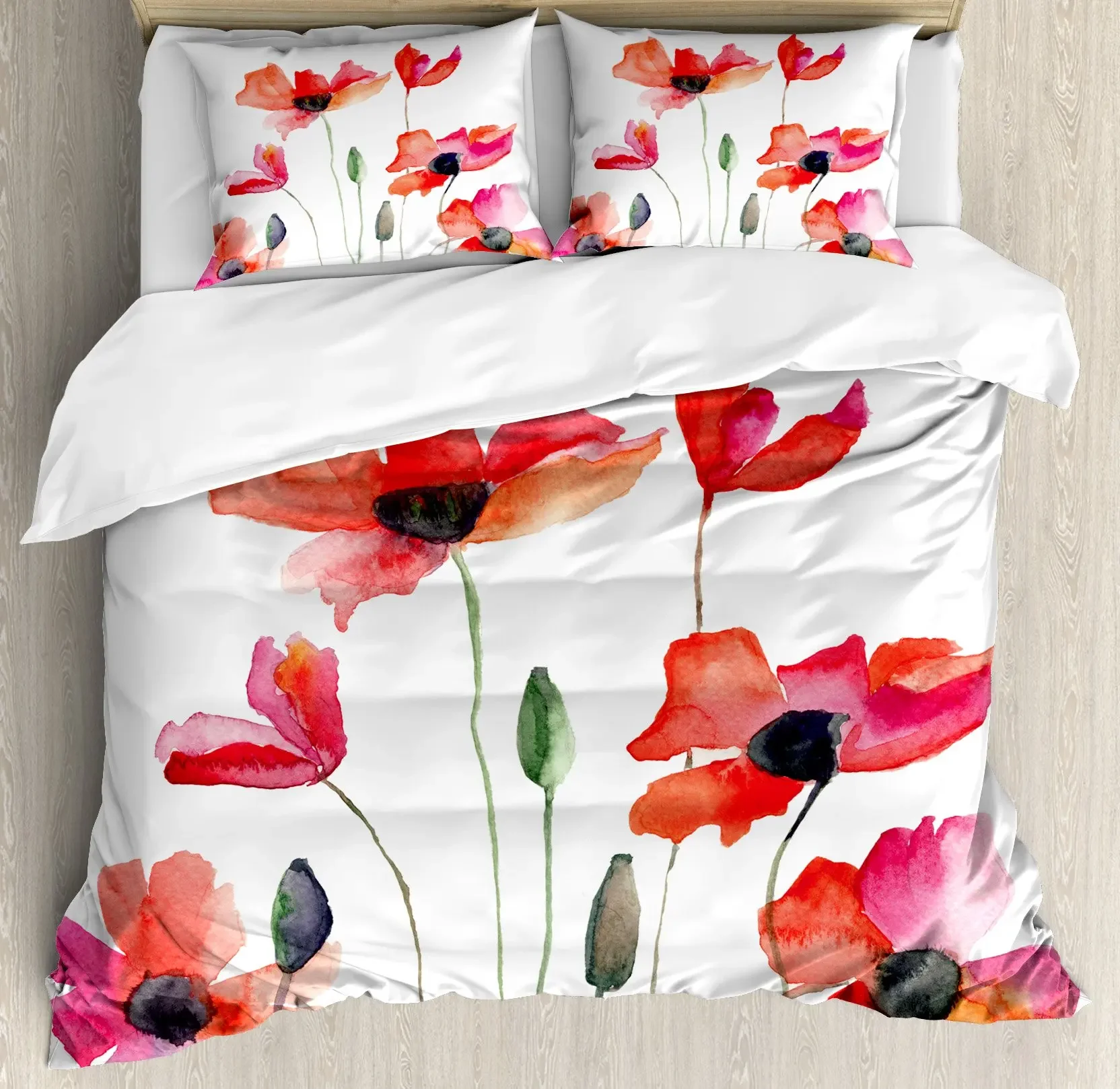 Watercolor Flower Duvet Cover King Queen Poppies Wildflower Nature Buds White Scarlet Quilt Cover Floral Polyester Bedding Set