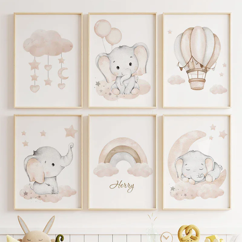 Simpatico elefante palloncino caldo luna arcobaleno nuvola vivaio parete arte tela pittura poster e stampe immagini baby kids room decor