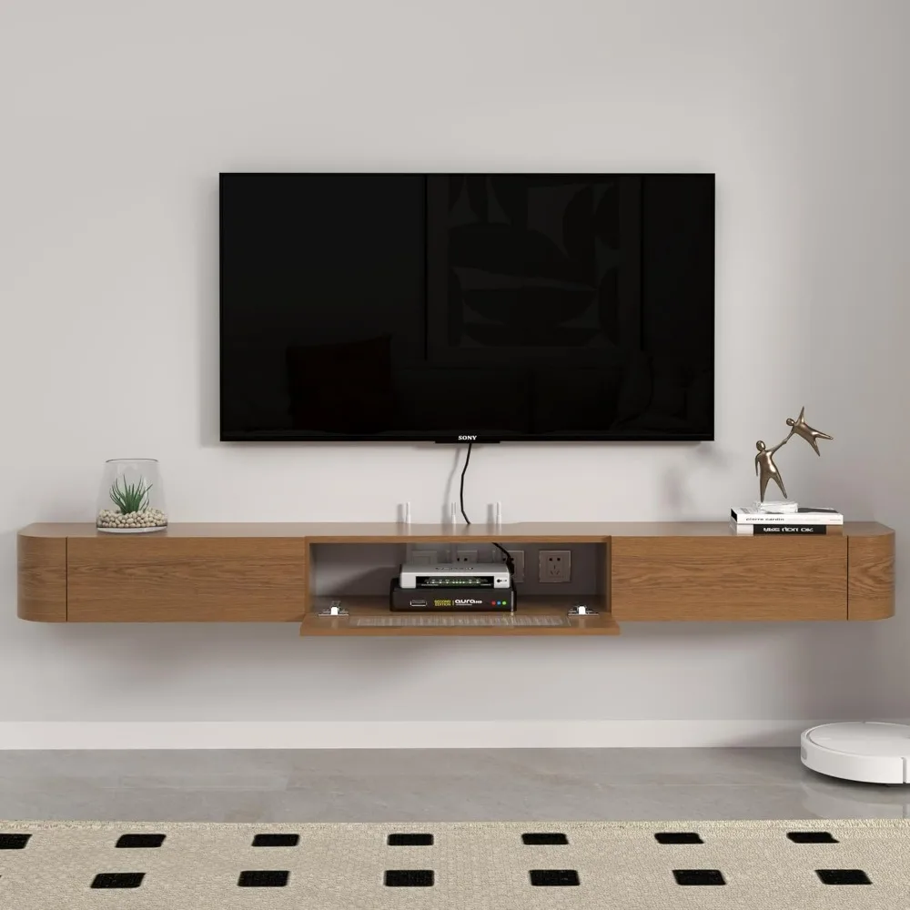 Floating TV Stand, 63'' Solid Wood Wall Mounted TVs Cabinet, Floating Shelves with Glass Door & Drawers,Tv Stand with Fireplace