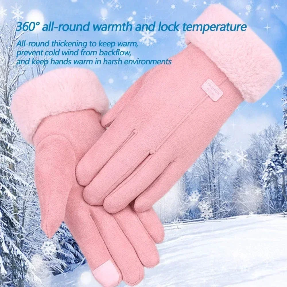 Women\'s Suede Leather Touchscreen Driving Glove Winter Warm Female Double Thick Plush Wrist Warm Cashmere Cute Cycling Mittens