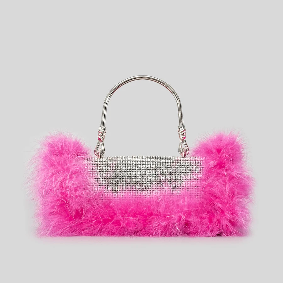 Luxury Ostrich Feathers Diamonds Evening Bags Rhinestone Women Handbag Faux Fur Shoulder Crossbody Bag Glitter Party Small Purse