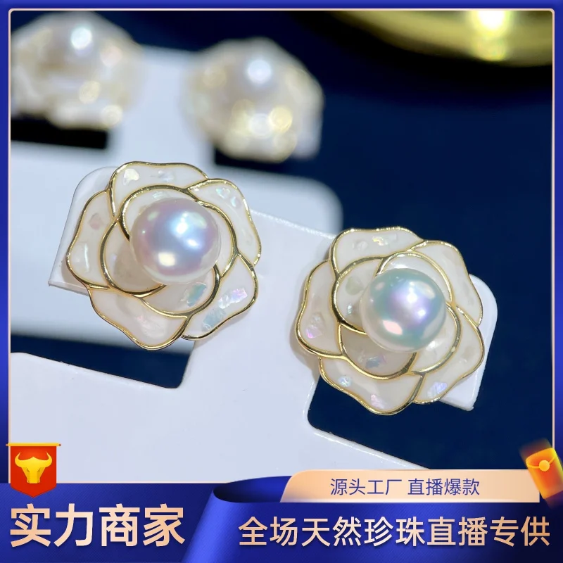 

925 Silver Ear Studs Natural Freshwater White Pearl Earrings for Women 2023 New Camellia Vintage High-end Elegant Light Luxury