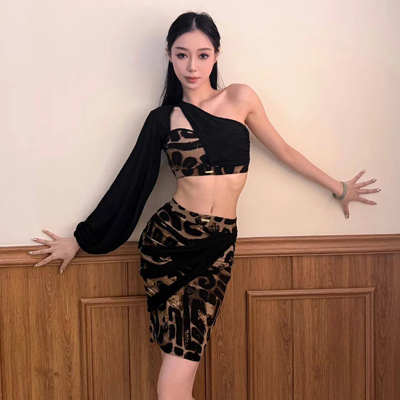 

Leopard Latin Dance Suit Women One Sleeve Top Bodycon Skirt Latin Dance Performance Costume Adult Cha Cha Training Clothes 2441