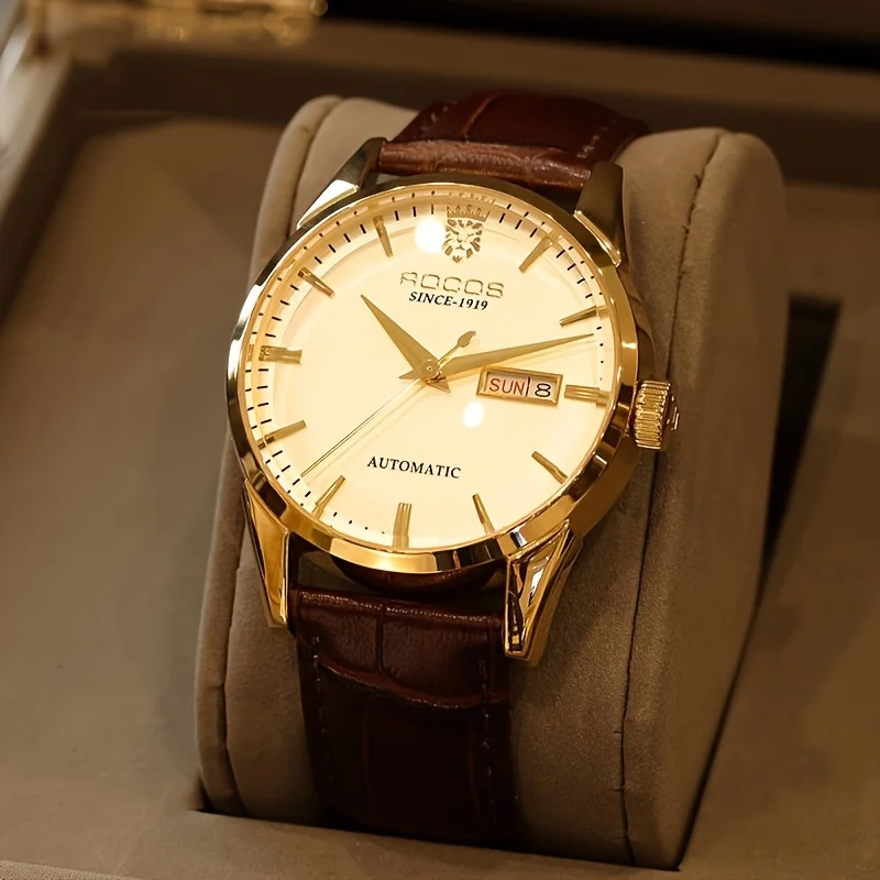 ROCOS Men's Automatic Mechanical Watch,Golden Luxury Watch For Men,Day Date Wristwatch,Brown Leather Strap,Bussiness FashionGift