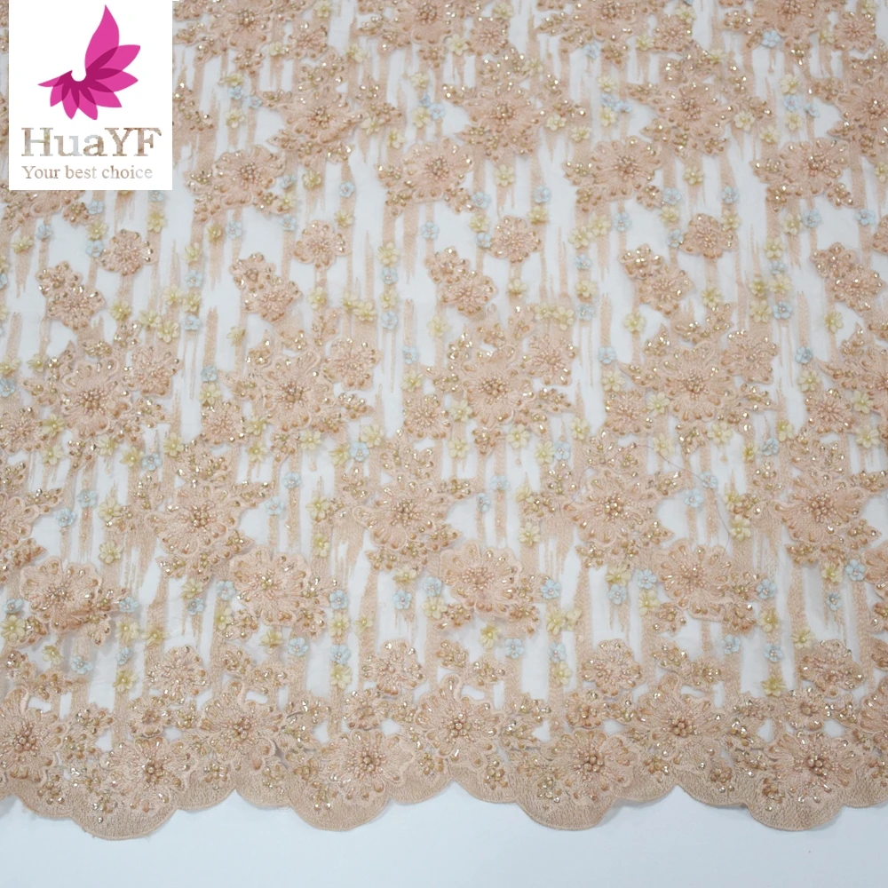 

Lastest 3D Floral Lace Fabric Embroidered with Pearls and Beads French Wedding Bridal Lace Dress Fabric 1 Yard HY0974-5