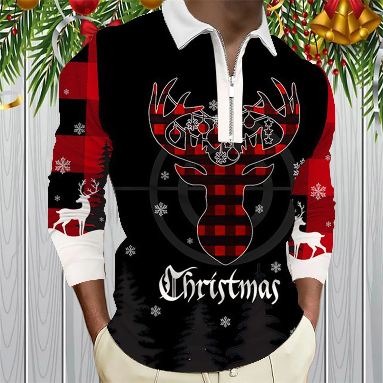 

Mens Christmas Print Polo Shirt Zipper Turn Down Collar Long Sleeve T-Shirt Fashion Xmas Fit Slim Casual Pollover Male Clothing