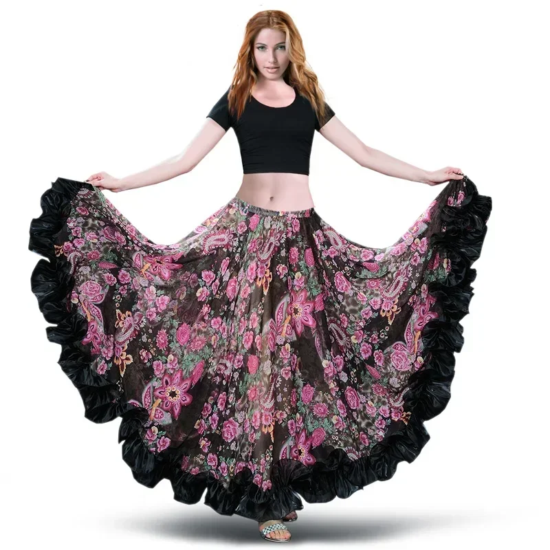 Saia espanhola para dança do ventre Saias Flamenco Chiffon 720 °   Grande saia cigana para dança do ventre, traje cigano tribal, saia de 25 jardas