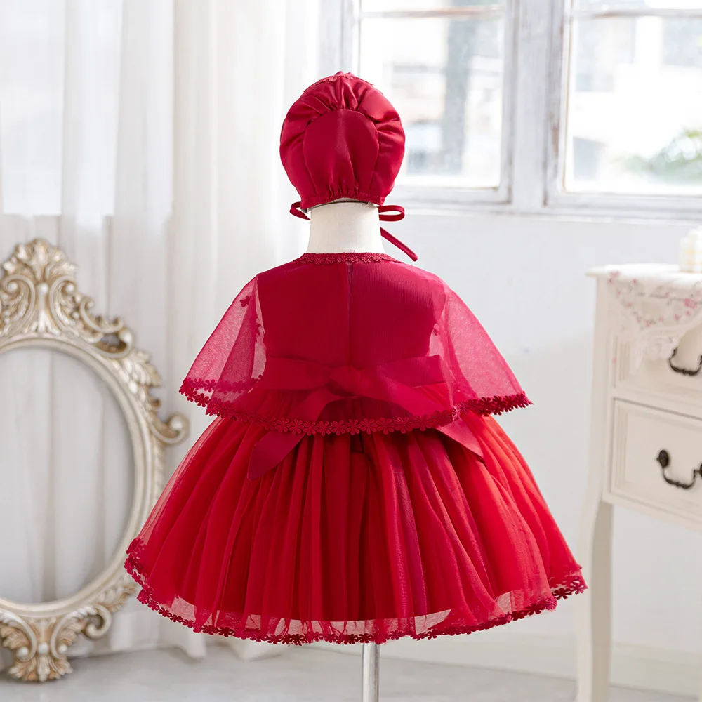 Toddler Girl Princess Dress 3Pcs Set Baby Girls' Dresses with Hat Kid Baptism Clothing Brief Solid