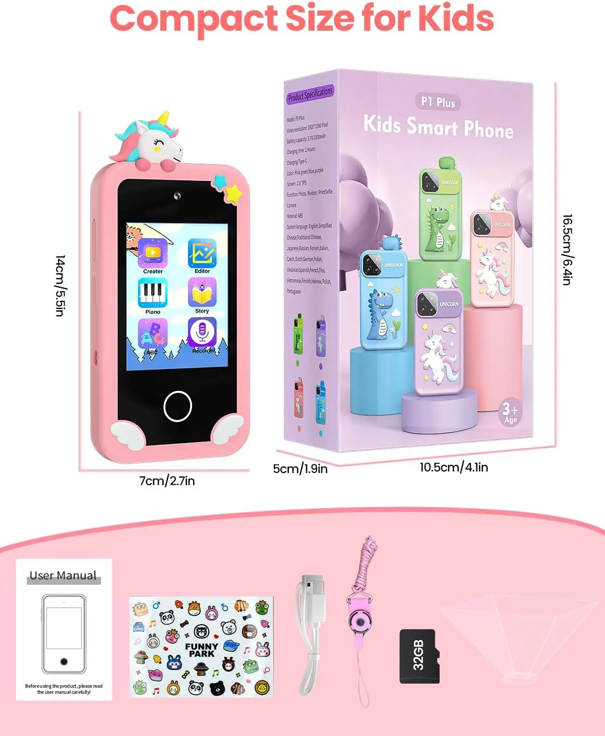 Smartphone per bambina con scheda 32G, giocattolo per l'apprendimento del bambino con touch screen da 2,8 pollici, doppia fotocamera, lettore musicale (rosa)