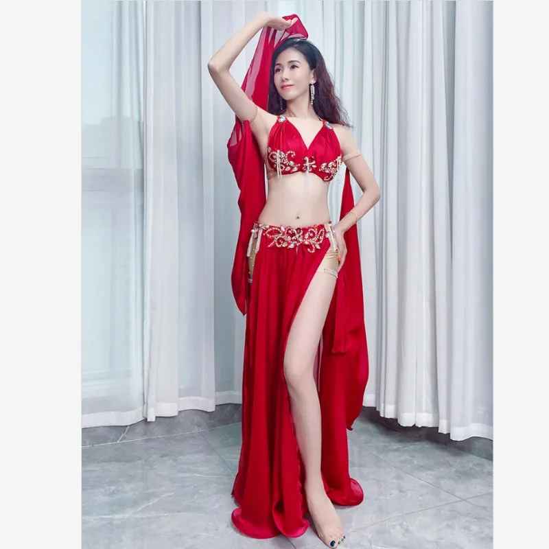 Traje de actuación de danza del vientre de 2 piezas, conjunto de falda larga con sujetador tachonado de diamantes para mujer, vestido de danza oriental, disfraces para mujer